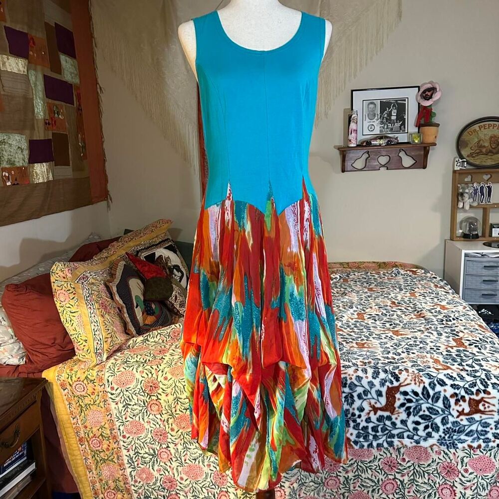 Klozlyne Blue and Orange Boho Tiered Drop Waist Dress